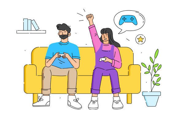 Young Couple Playing Game Console: Fresh Graphics & Illustrations